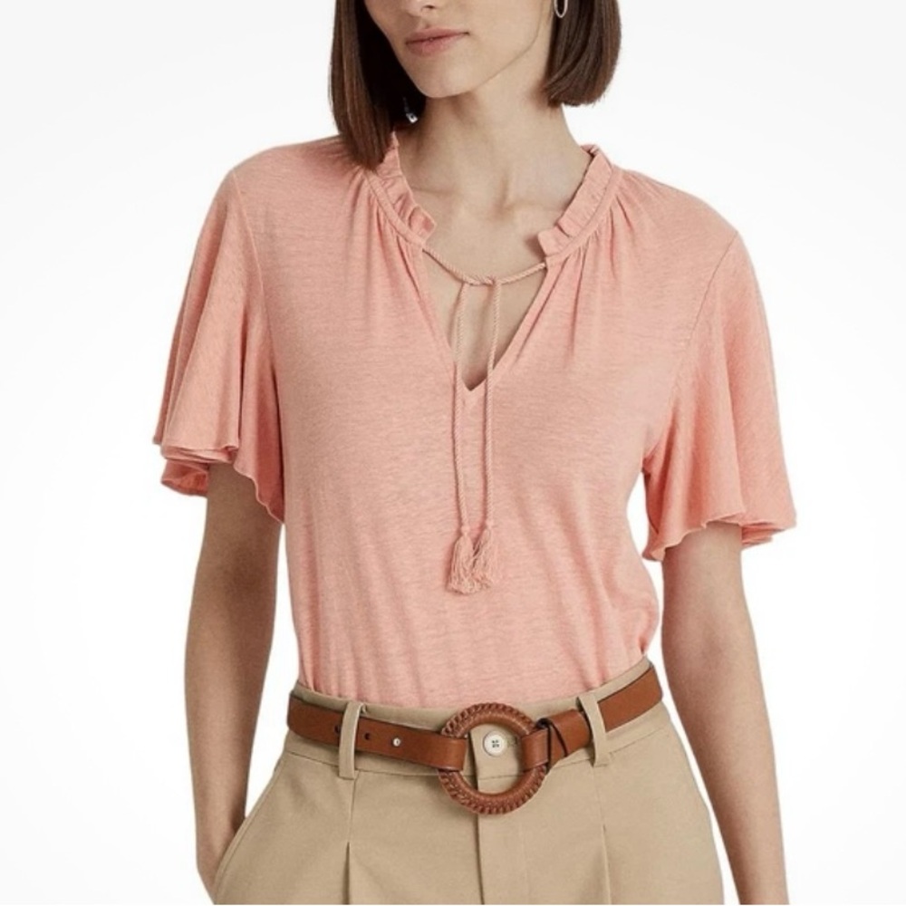 Lauren Ralph Lauren Jersey Tie Neck Top Flutter Sleeve Rose Tan Size 2X